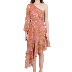 NWOT BCBGeneration one shoulder asymmetrical hem paisley dress. Size 6